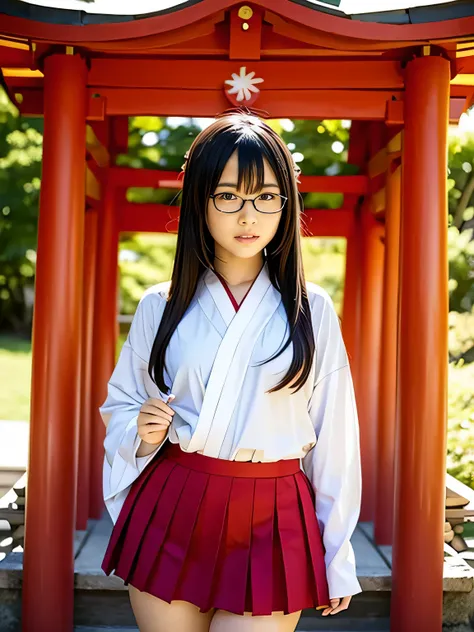 shrine maiden、Crimson too、Shrine maiden attire、ceremony、shrine、within the territory、Long Hair、beautiful girl、Clear Skin、Oracle、The chest is slightly open、cowboy shot,shrine maiden outfit,red skirt,Glasses、