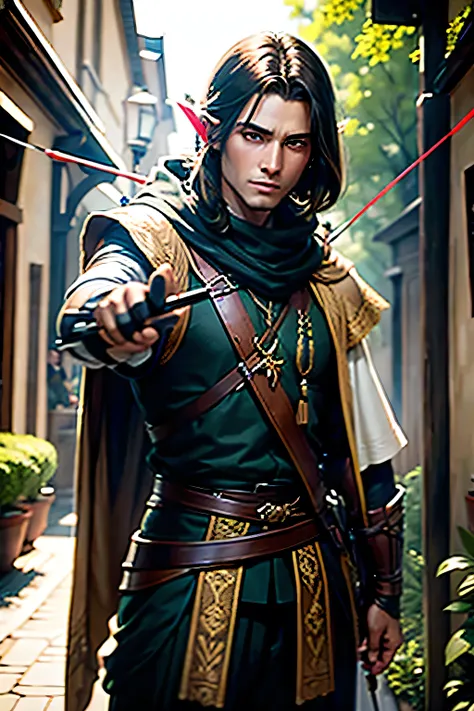 A MALE ELVEN ARCHER WITH BLACK CLOTHES AND BROWN HAIR , USING A LONGBOW 
