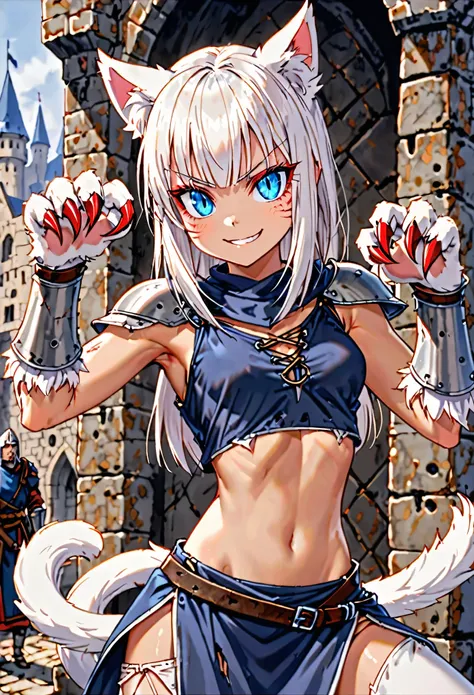 female, short white hair, straight hair, blue eyes, short, white furry forearms, furry claws, white cat ears, white cat tail, slit pupils, small breasts, short, warrior stance, skimpy clothes, medieval, athletic, bare midriff, cheeky smile, close up, tatte...