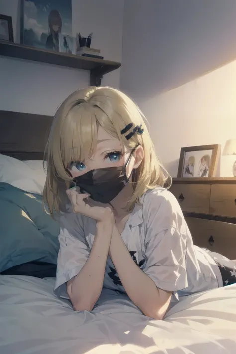 (white mouth mask:1.5)，(closed eyes), (lie on bed:1.5)，Highest quality, Anime Moe Art Style,Best Anime 8K Konachan Wallpaper，Perfect Anatomy, (One Girl:1.5), (alone,13 years old:1.8),high school student, (short hair), (Straight hair:1.6)，(Medium chest)，(Bl...