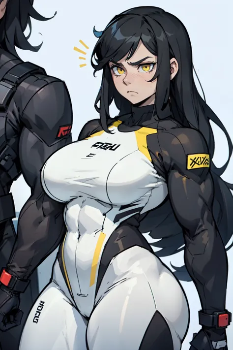 muscular girl busty girl curvy girl thick thick thick thick thick thick black hair yellow eyes pale skin sad frown expressionless long hair white skintight suit