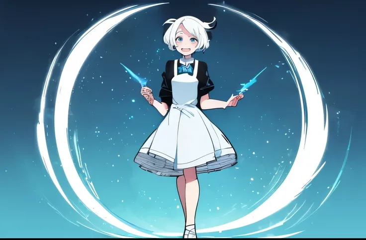 An albino teenage girl with white hair, with a pigtail, blue and slanted eyes, with a slim and quite tall build . with a dress with different shades of blue and white heels. my hero academia style, cartoon stroke, full body