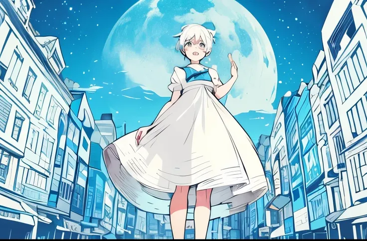 An albino teenage girl with white hair, with a pigtail, blue and slanted eyes, with a slim and quite tall build . with a dress with different shades of blue and white heels. my hero academia style, cartoon stroke, full body