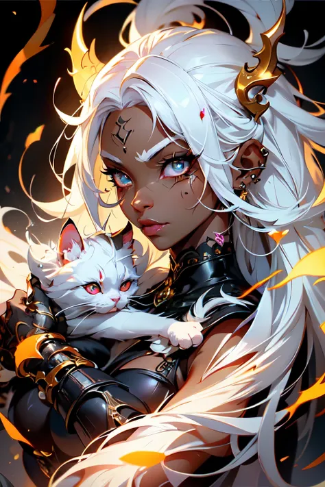 1 woman, white hair, demon, muscular, cat boy, golden eyes, Cinematic Lighting, ethereal light, intricate details, masterpiece, best quality, HDR, clear eyes, seductive, sultry, UwU, piercings, mommy, portrait, tattooed, lean, dark skin, tan