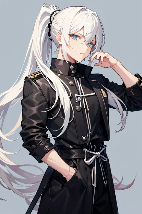 male, white hair, long hair, ponytail hair, blue eyes, , upperbody, gakuran 