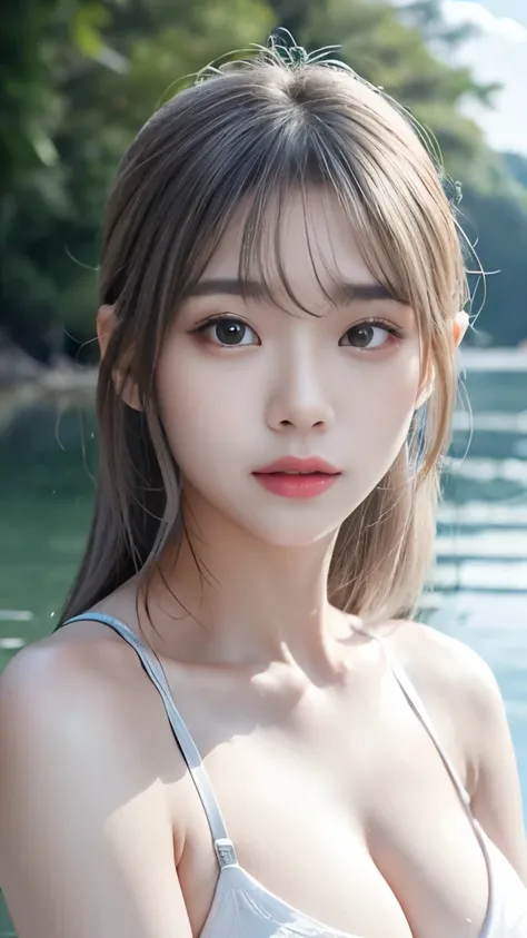 8K, Ultra-Realistic Photo of a Stunning Anthropomorphic Female Dragon, Beautiful and gorgeous, Wearing a swimsuit, Located on a lake, Gray Hair, curl, Ultra-radiant skin, Wet_skin, The magnificent composition evokes a sense of awe, Surreal、Very detailed, E...