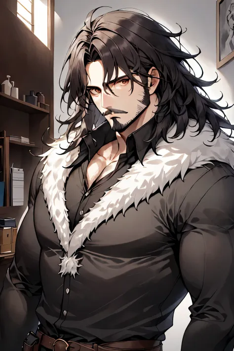 neocruz messy hair, black fur, wide, barba, the lord of shadows hyper realistic super detailed line art comic style