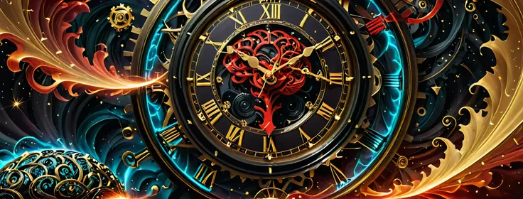 A high-resolution image black, red and golden color.  featuring a detailed clock intertwined with elements symbolizing time and the brain. The clock’s gears and hands are intricately designed, partially merging with a human brain, where neurons are visibly...