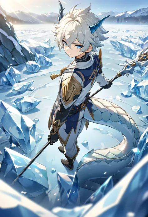 ((Solitary)), (man), Light blue eyes, white hair hair, short hair, Blue inner hair, Messy hair, blue dragon horn, Pupil slits, Thick white dragon tail, dragon boy, Close-up:In a desolate land surrounded by icebergs,A man holding a scepter, Frozen fields, D...