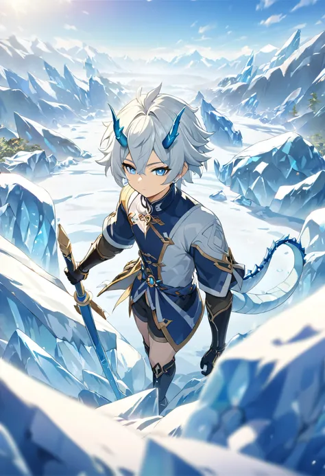 ((Solitary)), (man), Light blue eyes, white hair hair, short hair, Blue inner hair, Messy hair, blue dragon horn, Pupil slits, Thick white dragon tail, dragon boy, Close-up:In a desolate land surrounded by icebergs,A man holding a scepter, Frozen fields, D...