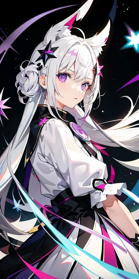 1girl, white hair, multicolored hair, purple eyes, mask on head, sidelighting, light particles,Throw a shuriken、 wallpaper,