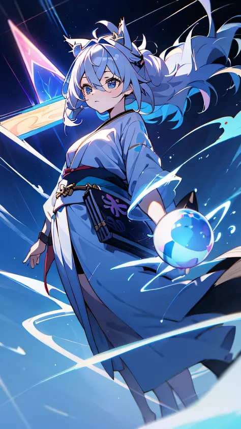 criança;
naughty girl;
wolf ears and tail;
long messy hair;
gray hair;
kimono with lightning cloud details;
rays around the body...