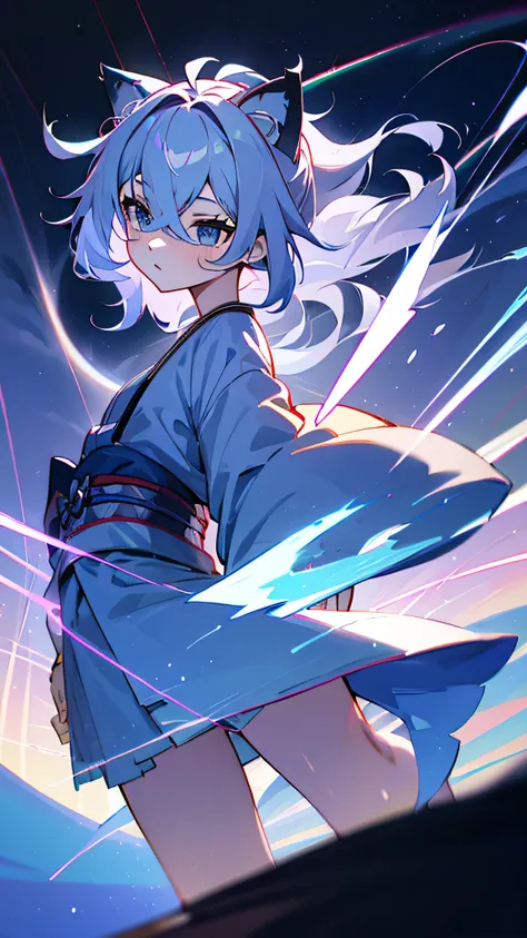 Criança;
naughty girl;
Wolf ears and tail;
Long messy hair;
gray hair;
Kimono with lightning cloud details;
Rays around the body;
It&#39;s in a black space full of clouds forming;
Sky blue eyes;



No fundo tem o espaco sideral com uma dimensão se formando...