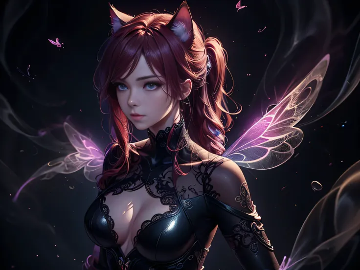 (Best Quality, 8K, Masterpiece, HDR, Soft Lighting, Picture Perfect, Realistic, Vivid), Cat Girl (1.0), Cat Girl with Red Hair and Dark Eyes in Revealing Clothes, Black Bodysuit with Lace Shiny Gloss Sheer Texture, Beautiful Anime Fantasy, Very beautiful a...