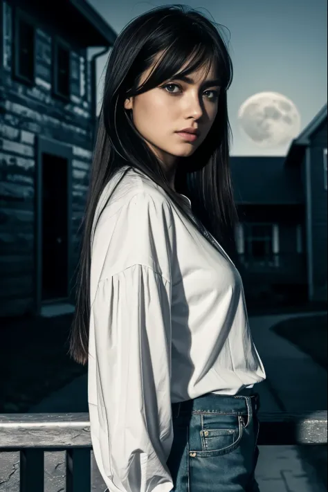 masterpiece))), (((best quality))), (1 woman), looking at an unseen threat above camera, shoulder long black hair, falling on one side, side bangs, (realistic), beautiful face, (sharp focus),(cinematic lighting),(extremely detailed), high contrast, moon su...