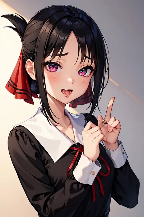 (masterpiece), Highest quality, Expressive eyes, Perfect Face, High resolution, One girl, alone, He grinded, short hair, Folded ponytail, Hair Ribbon, Parted bangs, Neck ribbon, Red ribbon, Black Dress, Black Shirt, Long sleeve, Black sleeves, Schoolyard, ...
