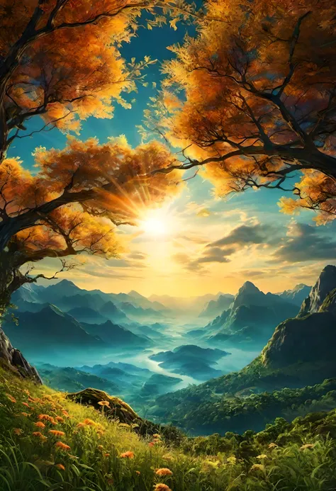 a painting of a beautiful sunset in the mountains with trees