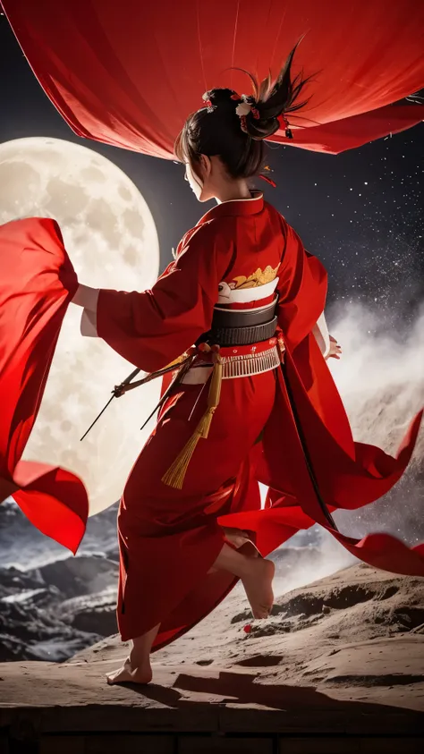 masterpiece, Highest quality, Samurai in red kimono, Fabric flowing in the air, moon, Northern Steppes, SFW