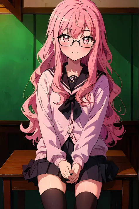 {{masterpiece}},{{Highest quality}},{{High resolution}},{{Caustics}},{{Familiar}},blush,
 smile,Louise Françoise Le Brun de La Valliere,Akabuchi Glasses Pink Hair,Pink Eyes, Black Sailor Suit,Pink Cardigan,Black pleated skirt,White Stockings,Brown Loafers,...