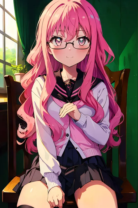 {{masterpiece}},{{Highest quality}},{{High resolution}},{{Caustics}},{{Familiar}},blush,
smile,Louise Françoise Le Brun de La Valliere,Akabuchi Glasses Pink Hair,Pink Eyes, Black Sailor Suit,Pink Cardigan,Black pleated skirt,White Stockings,Brown Loafers,...