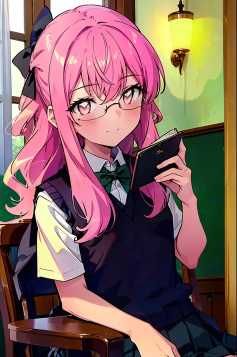 {{masterpiece}},{{Highest quality}},{{High resolution}},{{Caustics}},{{Familiar}},blush,
smile,Louise Françoise Le Brun de La Valliere,Akabuchi Glasses Pink Hair,Pink Eyes, 黒break skirt, shirt, bow, ribbon, , white shirt, Short sleeve, Pleated skirt, coll...