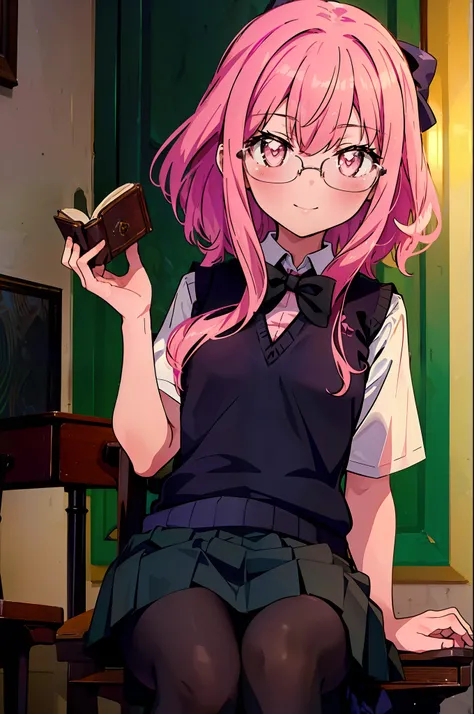 {{masterpiece}},{{Highest quality}},{{High resolution}},{{Caustics}},{{Familiar}},blush,
smile,Louise Françoise Le Brun de La Valliere,Akabuchi Glasses Pink Hair,Pink Eyes, 黒break skirt, shirt, bow, ribbon, , white shirt, Short sleeve, Pleated skirt, coll...