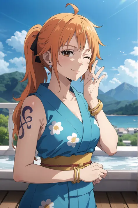 2d, masterpiece, best quality, anime, highly detailed face, highly detailed background, perfect lighting, wano, nami, 1girl, solo, one eye closed, long hair, smile, jewelry, sash, japanese clothes, obi, orange hair, kimono, bow, light blue kimono, flower, ...