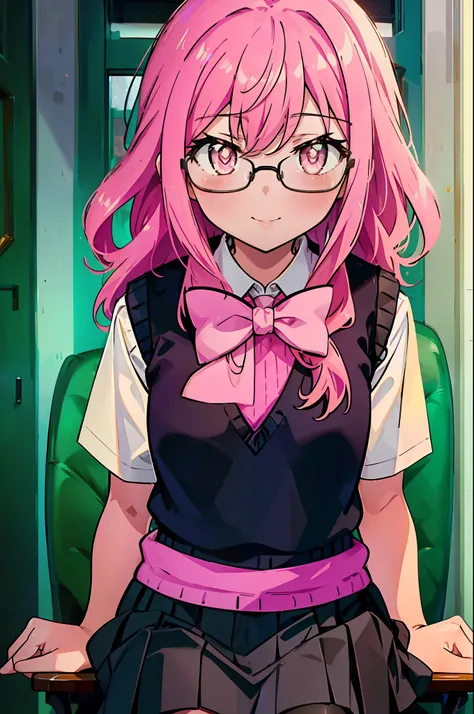 {{masterpiece}},{{Highest quality}},{{High resolution}},{{Caustics}},{{Familiar}},blush,
smile,Louise Françoise Le Brun de La Valliere,Akabuchi Glasses Pink Hair,Pink Eyes, 黒break skirt, shirt, bow, ribbon, , white shirt, Short sleeve, Pleated skirt, coll...