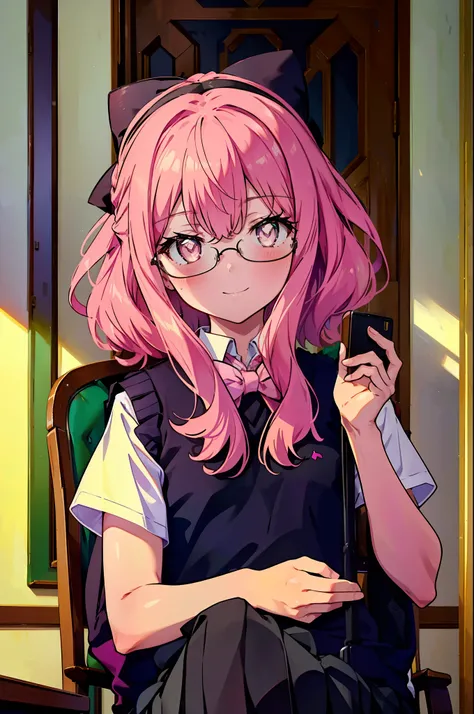 {{masterpiece}},{{Highest quality}},{{High resolution}},{{Caustics}},{{Familiar}},blush,
smile,Louise Françoise Le Brun de La Valliere,Akabuchi Glasses,hair band,Pink Hair,Pink Eyes, 黒break skirt, shirt, bow, ribbon, , white shirt, Short sleeve, Pleated s...