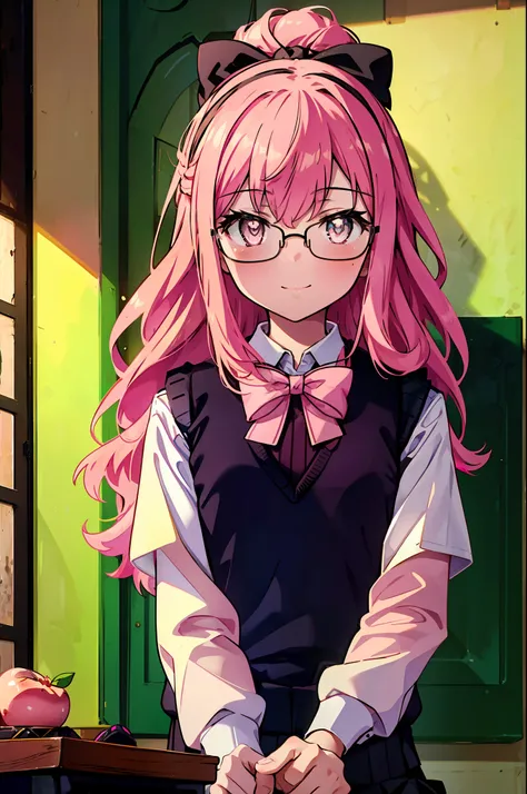 {{masterpiece}},{{Highest quality}},{{High resolution}},{{Caustics}},{{Familiar}},blush,
smile,Louise Françoise Le Brun de La Valliere,Akabuchi Glasses,hair band,Pink Hair,Pink Eyes, 黒break skirt, shirt, bow, ribbon, , white shirt, Short sleeve, Pleated s...