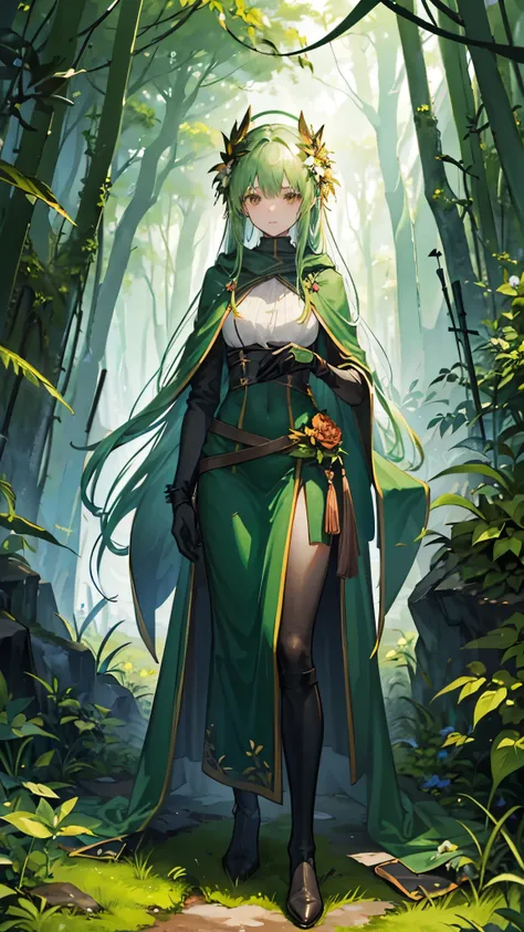 ((((surplus high detailed, model with abundance of accessories.))), 1girl, calm, standing, (((verdant attire, verdant cloak, seg...