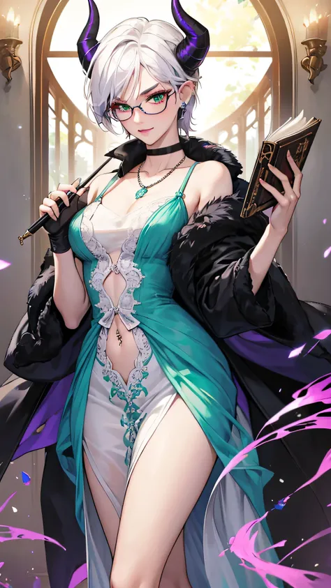 8k, masterpiece, best quality, highly detailed, 1 girl, tiefling, warlock, multicolored hair, very short straight hair green highlight hair on white hair, strippled hair, wearing glasses, round glasses, earrings, long dress with side cut, lace dress, red e...