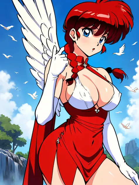 RanmaChan, Sexy, (Doggystyle:1.2), Tabletop, (Penetration:1.2), (Red hair, (Long pigtails, braided), Black hair tie, Medium thick bangs), Blue eyes, Glamorous body, (Angel wings, Big), (Medium boobs:1.6), Beautiful cleavage, (White elbow gloves), ((Luxurio...