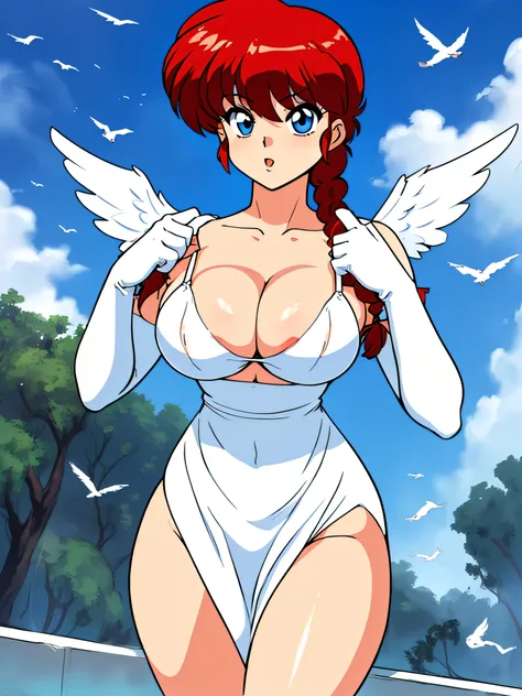 RanmaChan, Sexy, (Doggystyle:1.2), Tabletop, (Penetration:1.2), (Red hair, (Long pigtails, braided), Black hair tie, Medium thick bangs), Blue eyes, Glamorous body, (Angel wings, Big), (Medium boobs:1.6), Beautiful cleavage, (White elbow gloves), ((Luxurio...