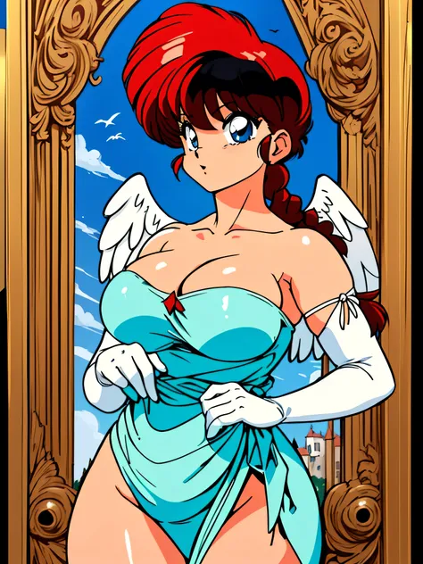 RanmaChan, Sexy, (Doggystyle:1.2), Tabletop, (Penetration:1.2), (Red hair, (Long pigtails, braids), Black hair tie, Medium thick bangs), Blue eyes, Curvy body, High body, (Angel wings, Huge), (Medium boobs:1.3), Beautiful cleavage, (White elbow gloves), ((...