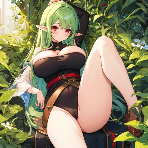 elf girl, huge breasts, light green hair, red eyes, wide hips, long legs