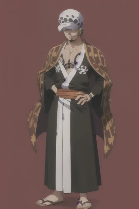 masterpiece, best quality, 1boy, trafalgar law, tdlwano, black hair, hat, chest tattoo, earrings, facial hair, long sideburns, goatee, japanese clothes, kimono, over shoulder, full body, hands on hips, looking at viewer, smile, solo, standing, simple backg...