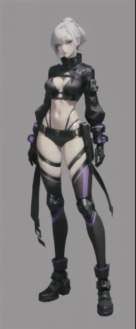 A man dressed in black and purple、Woman holding a sword, Katana Zero Video Game Character, female Cyberpunk anime girl, Female action anime girl, Cyberpunk anime girl mech, Cyberpunk anime girl, With a samurai sword strapped to his back, Fine details. Girl...