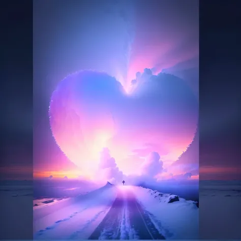 there is a Heart shaped cloud in the sky over a snowy road, the most beautiful image ever seen, Stunning epic visual effects, made of cotton candy, Love is the beginning of everything, Beautiful digital art, Heart effects, Beautiful Artwork, (Heart), Beaut...