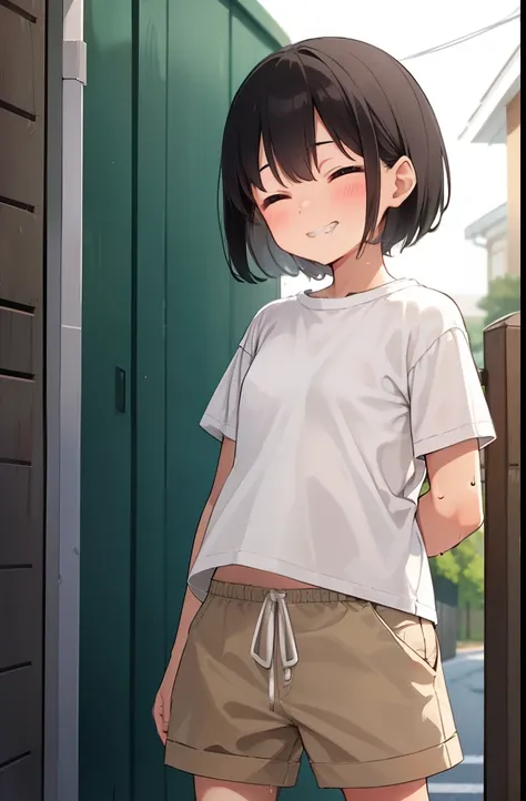 Residential Street,girl,smile,Standing,Put your hands behind your back,close your eyes,1 ,boyish.Two-block shorthair,Black Hair,blush,White T-shirt,Olive green shorts,Brown Sandals,White skin,summer,From below,Open your hands,shy,Sweat,Grin,