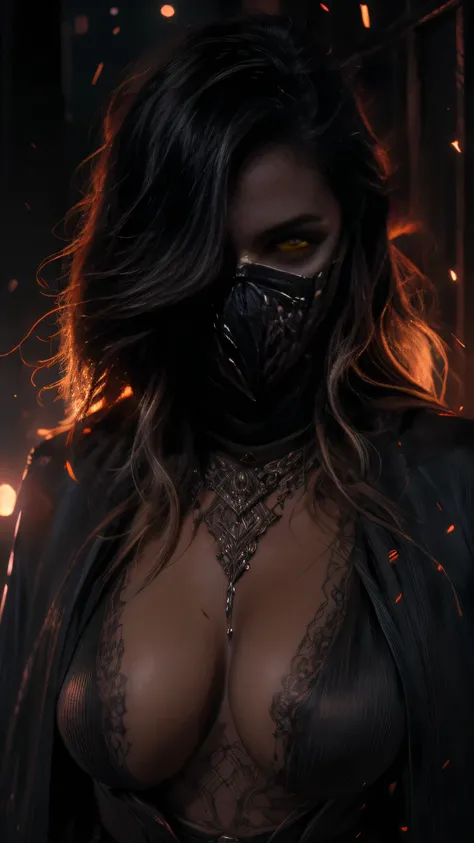 A beautiful cowgirl bounty hunter, detailed perfect facial features, a mysterious mask, a sexy and voluptuous figure with a massive, perfectly shaped bust and deep cleavage, ultra-realistic detailed skin texture, extreme details, (best quality,4k,8k,highre...