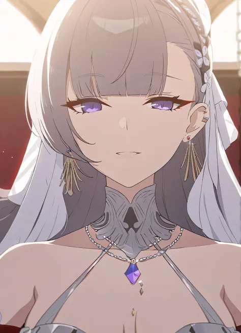 Quartz. Louis (luxurious wheels) (Azur Lane), 1 Girl, Hair accessories, earrings, necklace, portrait, Silver dress, Revealing clothes, Looking at the audience, Solitary