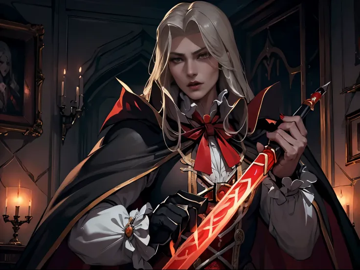 (((dracula )))8k,((from Castlevania)((elegant))(((red cape))) beautiful,((elegant)),(((wear tight clothing )))((has a sword)))8k, hyperrealistic,(((Empty dark background))) ,(((Empty dark background)))., Softly lit, Intimate exquisite detail, sharp focus, ...