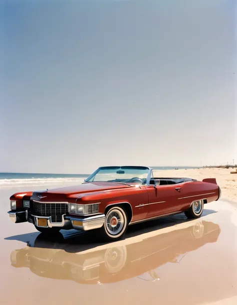 a red Cadillac car parked on top of a sandy beach, an album cover, by Carol Sutton, cobra, still from the movie terminator, texas, sun shines down on the car, ap photo, square, front view 1990, detail on scene, glass, car, cut-scene