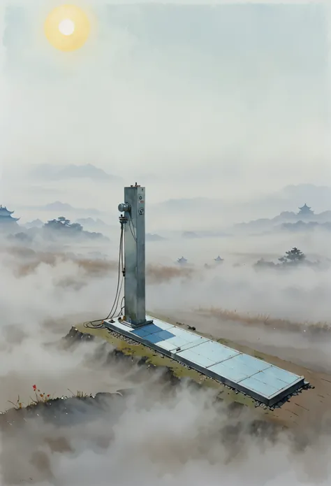 There is a piece of metal on the ground，Background is sky, flat metal antenna, product photo, perspective, Sunlight，Bronze heliostat，author：Randolph Caldecott, (Watercolor, masterpiece, Line Art, Illustration Art, Professional line art, Super complex and d...