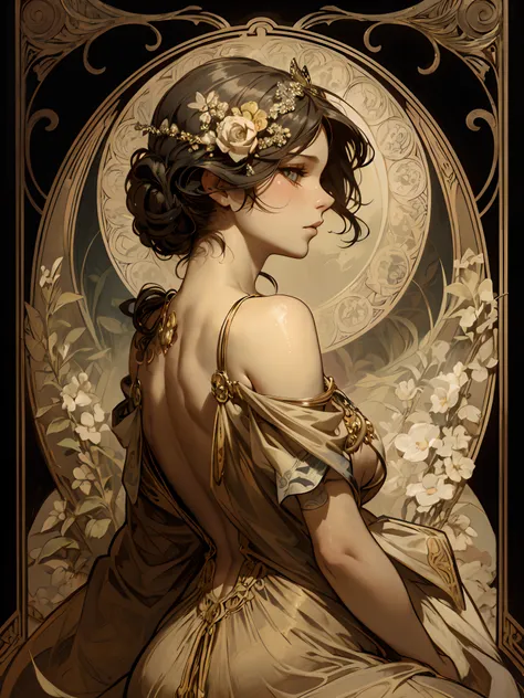 alphonse mucha,orcle,
(solo:1.2),beautiful back woman,(black hair:1.3),bare shoulder,longeyelashes,
chubby,butterfly,backless dr...