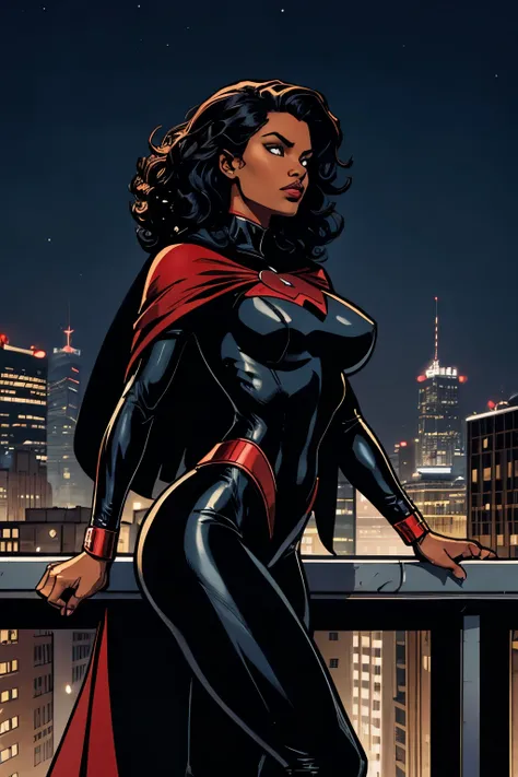 Cardinal, a gorgeous woman with (dark skin) wearing a modest black and red bodysuit, long sleeves, leggings.  Athletic, huge breasts, wide hips. (Short, curly) black hair, batons. short mini half-cape.  Confident. City skyline, rooftops.