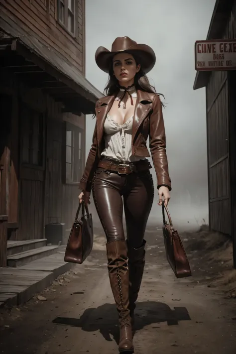 circa 1880s full length western cowboy woman, long brown ponytail, brown eyes, high arched eyebrows, long graceful neck, red lips, large breasts, tight brown leather pants, long leather coat, leather boots, cowboy hat, desolate desolate American small town...