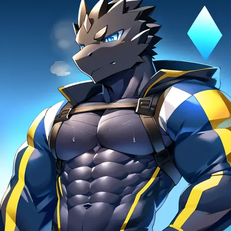 Thin macho　western black dragon　　abs　　　　　Hollow abs　　body suit　　thick arms　　　chest rig　　　、sweaty　　　skin glow　　profile　　Wearily　short of breath　　  　Chemo shota　　Chunky breasts　Have a sleep on the floor 　blue eyes　Tired look　Glowing abs　Deep abdominals jacke...