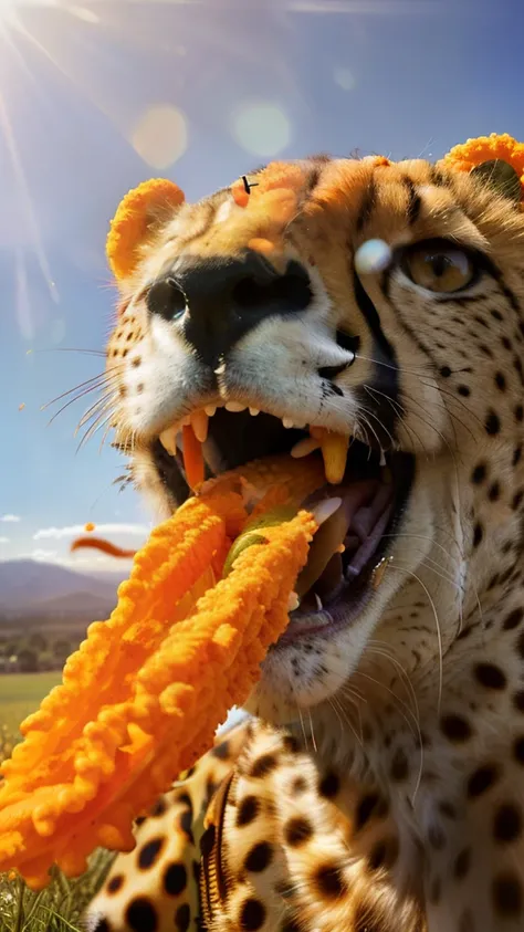 Medium close-up shot, faceless female anthro cheetah, ultra-detailed, masterpiece, best quality, sitting on a grassy plain, (Cheetos bag: 1.2), (Cheeto puffs scattered: 1.3), (Cheeto dust on cheetah paws and snout: 1.4), detailed background, photo-realisti...